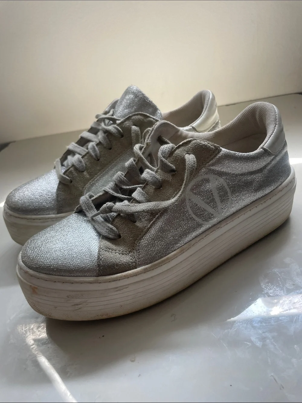 Valentino Women's Silver Glitter Lace-Up Sneakers